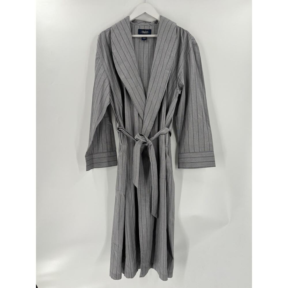 Vintage Nautica Robe Mens Large/XL Gray Striped 100% Cotton Belted Pockets Light